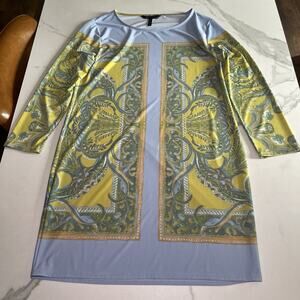 BCBG Max Azria Blue Yellow Artsy 3/4 Sleeve Dress Filigree Print Size Small EUC